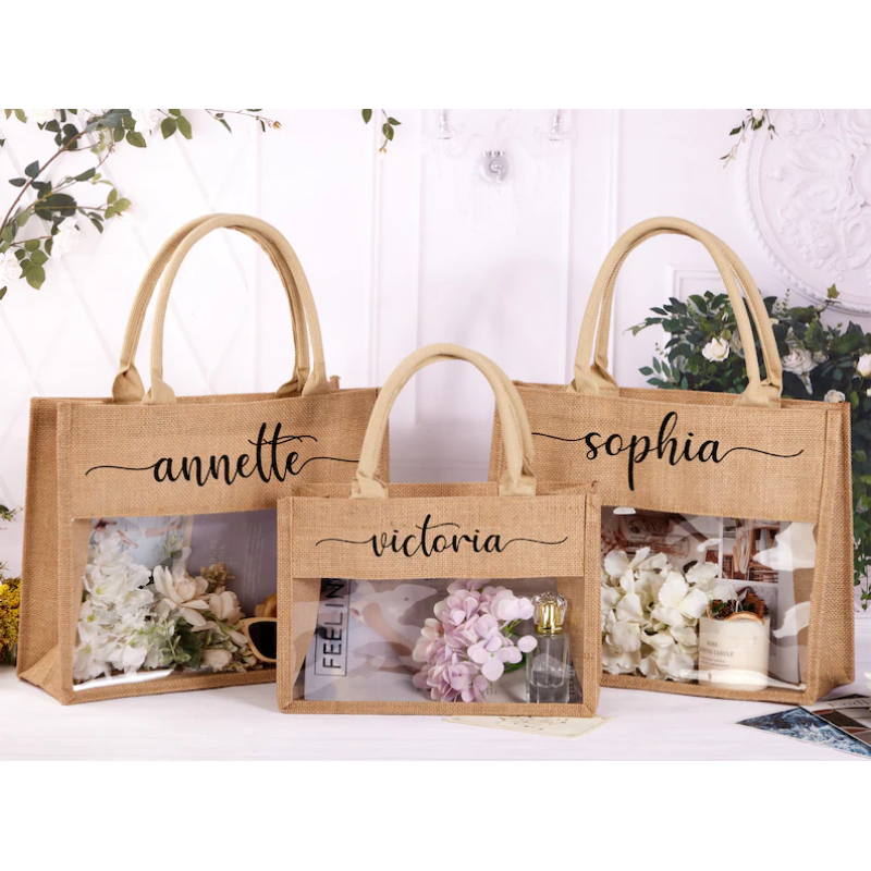 Custom Large Capacity Jute Tote Bag with Transparent PVC Window Waterproof for Wedding Gifts