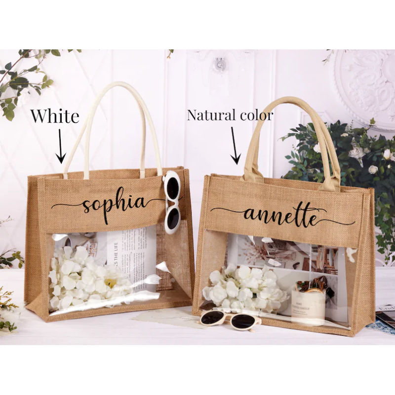 Custom Large Capacity Jute Tote Bag with Transparent PVC Window Waterproof for Wedding Gifts