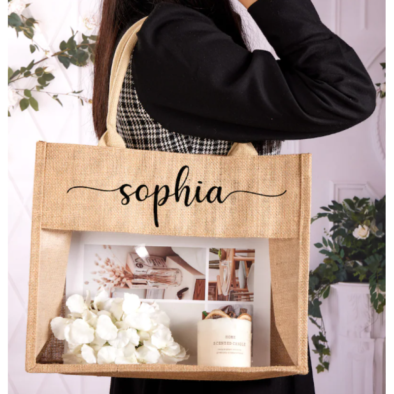 Custom Large Capacity Jute Tote Bag with Transparent PVC Window Waterproof for Wedding Gifts