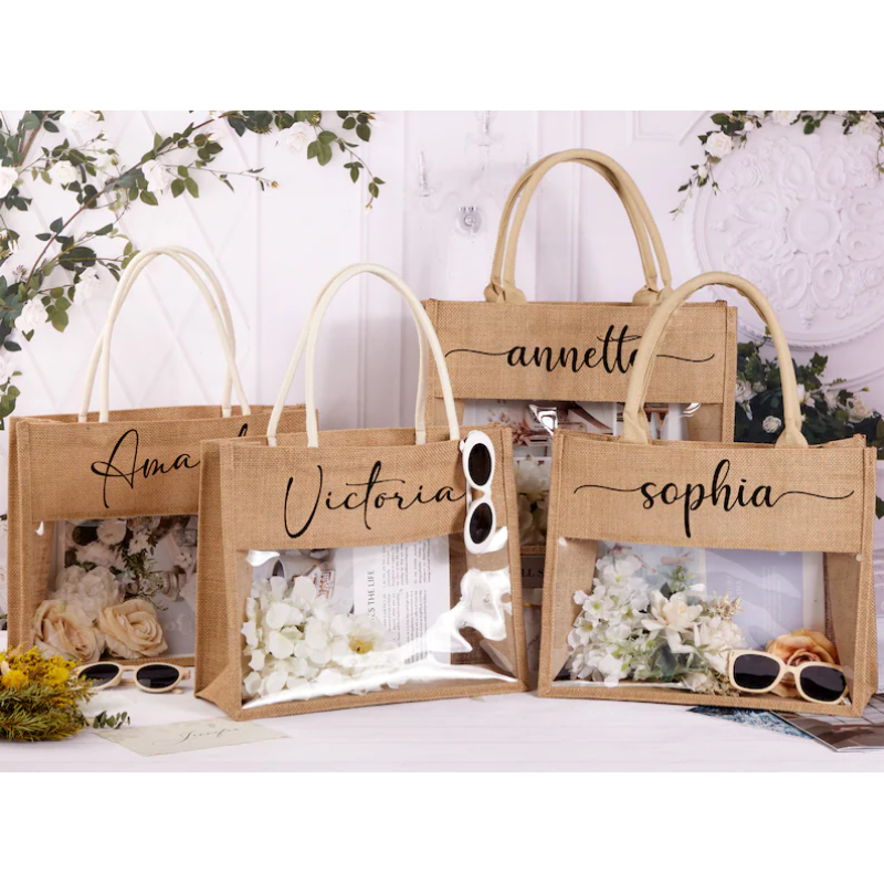 Custom Large Capacity Jute Tote Bag with Transparent PVC Window Waterproof for Wedding Gifts