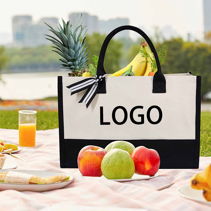 Women reusable grocery canvas tote with custom printed logo