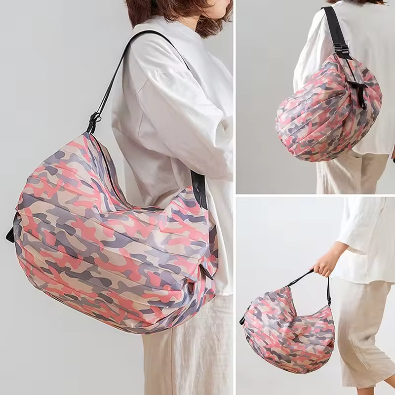 Large-Capacity Foldable Shopping Bag Thick Polyester Handbag Zipper Fashionable Convenient Travel Storage Washable Reusable
