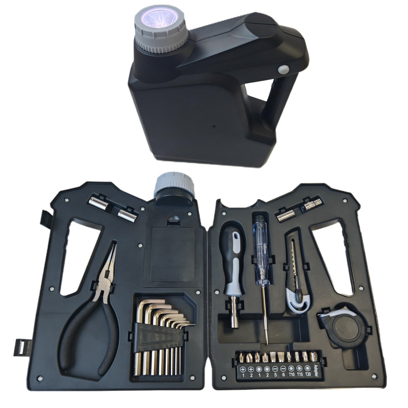 Coffret d'outils écologique fait main de 27 pièces en forme de bidon d'huile, lampe torche avec LED, cadeau promotionnel