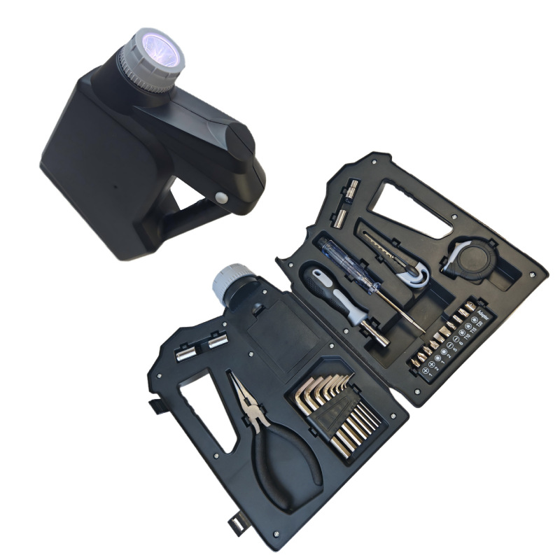Coffret d'outils écologique fait main de 27 pièces en forme de bidon d'huile, lampe torche avec LED, cadeau promotionnel