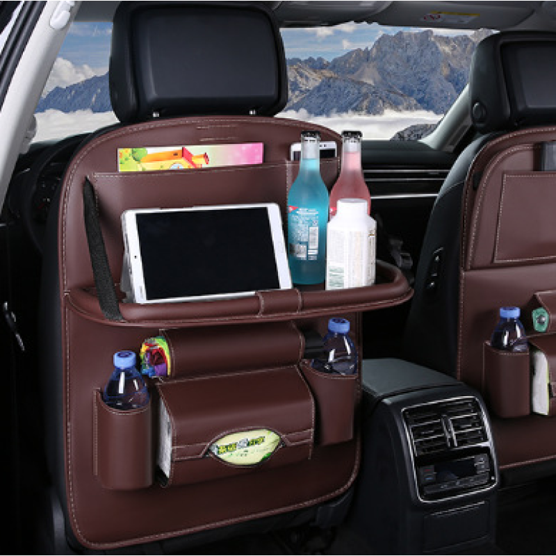 PU Leather Seatback Organizer with Foldable Tray Large Trash Bag Storage