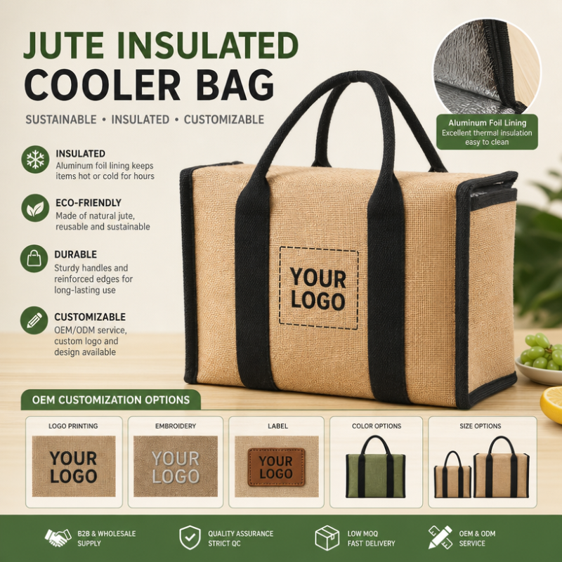 Custom Eco Friendly Aluminum Foil Lunch Food Drink Tote Cooler Bags Linen Insulated Jute Cooler Bag