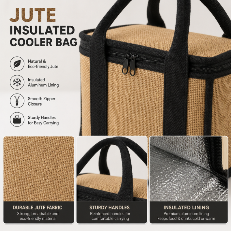 Custom Eco Friendly Aluminum Foil Lunch Food Drink Tote Cooler Bags Linen Insulated Jute Cooler Bag