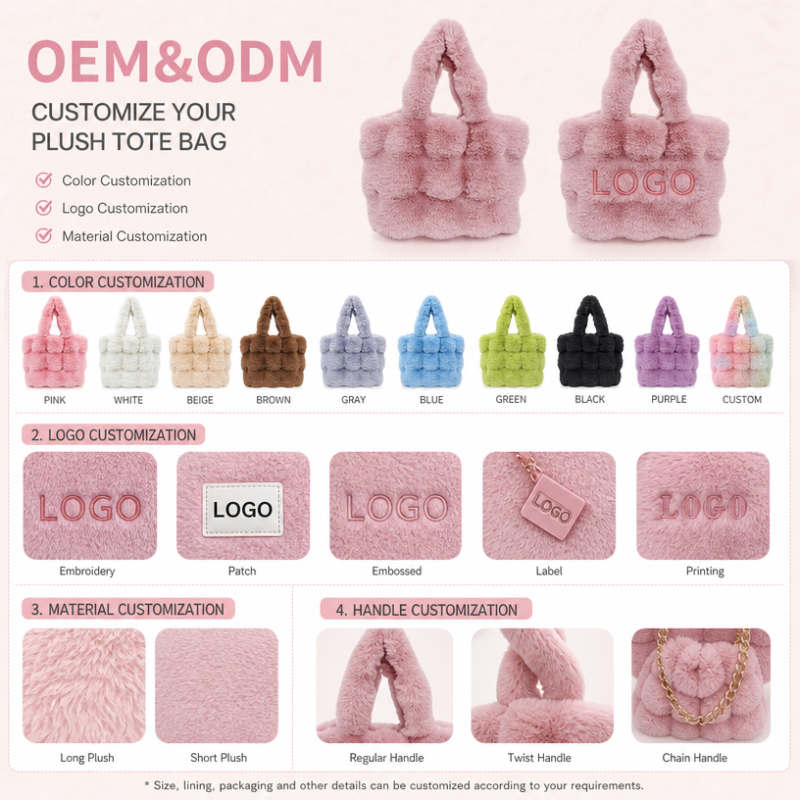 Autumn Winter Cute Plush Tote Bag Women Fuzzy Handbag Soft Fluffy Shoulder Bag Custom Logo Fashion Gift Bag