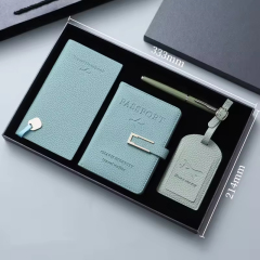 Coffret cadeau porte-passeport en cuir PU personnalisé en gros, étiquette de valise de voyage, carnet de voyage et stylo
