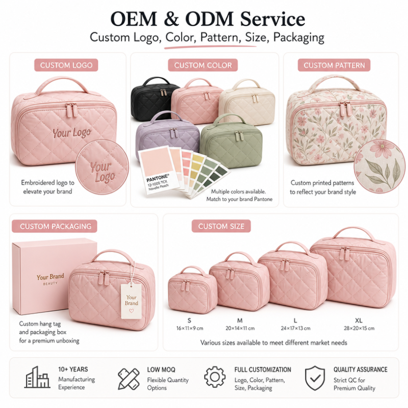 Wholesale 2Pcs Puffy Makeup Bag Custom Logo Waterproof Quilted Cosmetic Organizer Set with Handle and Transparent Pouch