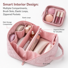 Wholesale 2Pcs Puffy Makeup Bag Custom Logo Waterproof Quilted Cosmetic Organizer Set with Handle and Transparent Pouch
