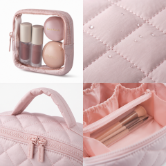 Wholesale 2Pcs Puffy Makeup Bag Custom Logo Waterproof Quilted Cosmetic Organizer Set with Handle and Transparent Pouch