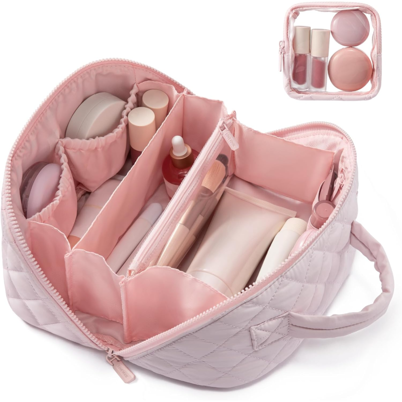 Wholesale 2Pcs Puffy Makeup Bag Custom Logo Waterproof Quilted Cosmetic Organizer Set with Handle and Transparent Pouch