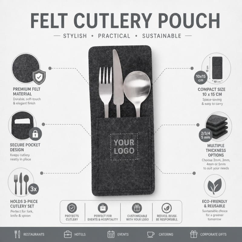 Hotel Grade Felt Cutlery Pouch with Reinforced Stitching  Flatware Holder Commercial Daily Service Bulk Supply
