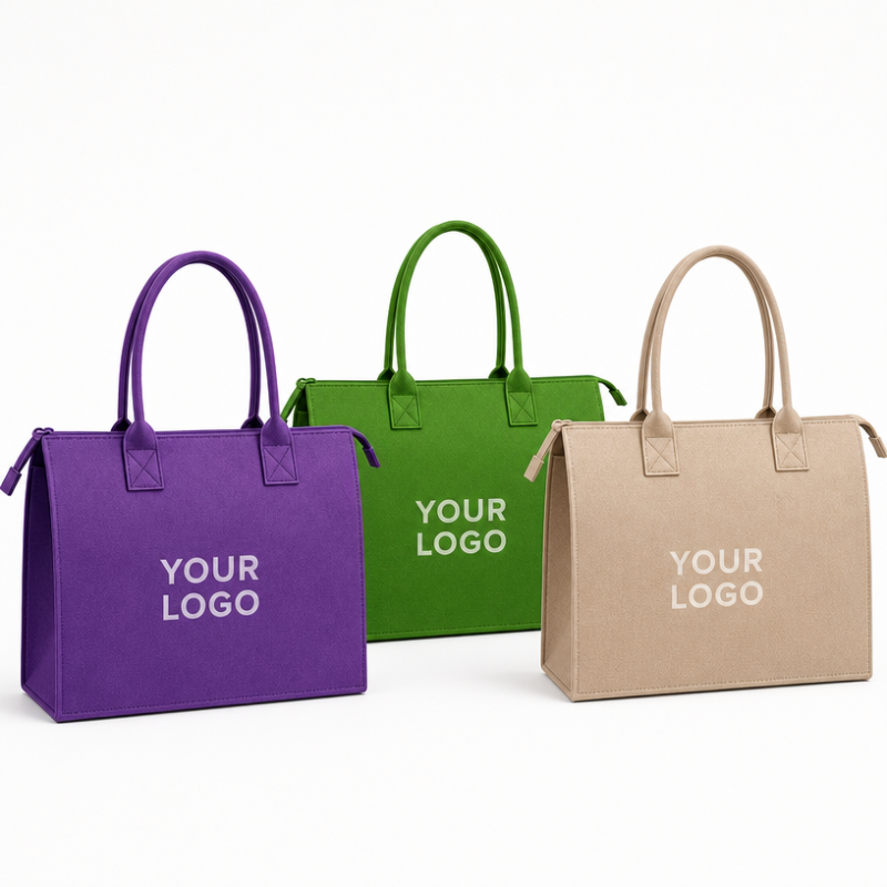 Wholesale Custom Felt Tote Bag Top Zipper Closure Thick Structured Reusable Event Conference Gift Handbag