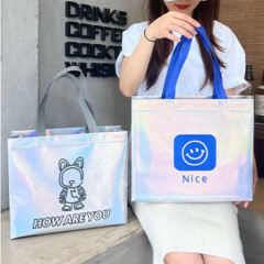 Custom Logo Iridescent Laminated Non-Woven Gift Tote Pearlized Laser Shopper Tote Holographic Non Woven Bags for Shopping