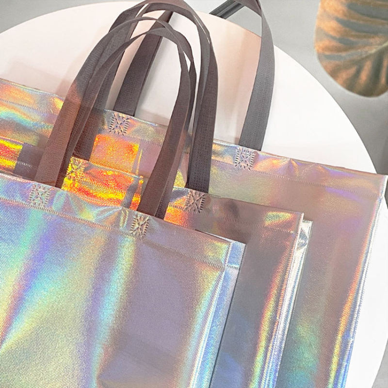 Custom Logo Iridescent Laminated Non-Woven Gift Tote Pearlized Laser Shopper Tote Holographic Non Woven Bags for Shopping