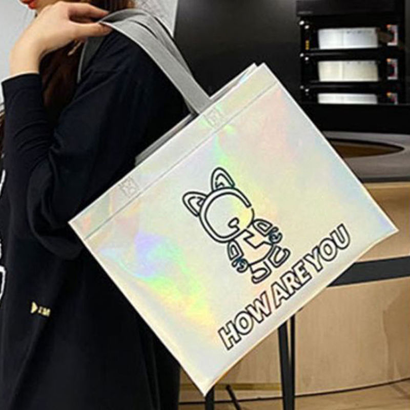 Custom Logo Iridescent Laminated Non-Woven Gift Tote Pearlized Laser Shopper Tote Holographic Non Woven Bags for Shopping