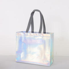 Custom Logo Iridescent Laminated Non-Woven Gift Tote Pearlized Laser Shopper Tote Holographic Non Woven Bags for Shopping