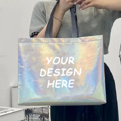 Custom Logo Iridescent Laminated Non-Woven Gift Tote Pearlized Laser Shopper Tote Holographic Non Woven Bags for Shopping