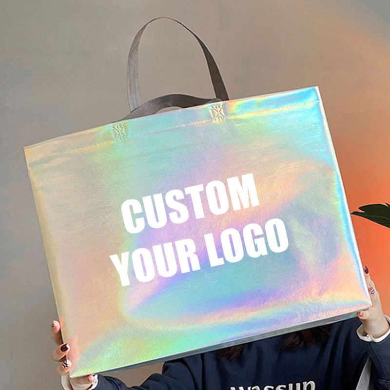 Custom Logo Iridescent Laminated Non-Woven Gift Tote Pearlized Laser Shopper Tote Holographic Non Woven Bags for Shopping