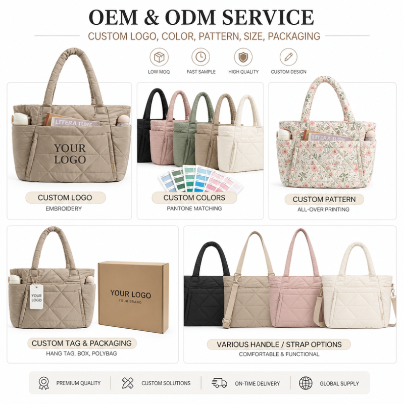 Trendy Puffy Quilted Tote Bag Water Resistant Nylon Polyester Puffer Shoulder Bag Large Travel Diaper Bag Custom Branding