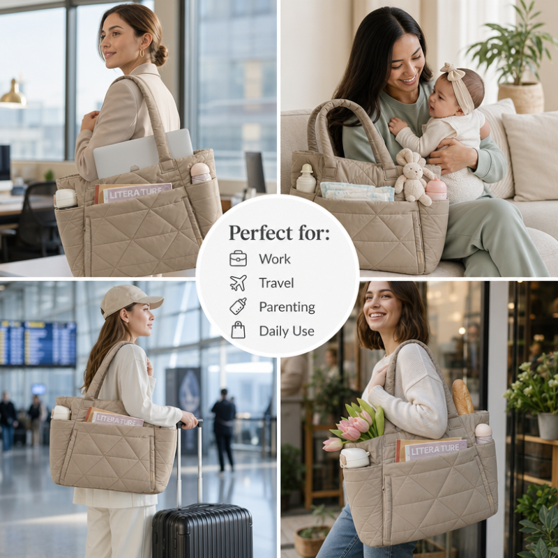 Trendy Puffy Quilted Tote Bag Water Resistant Nylon Polyester Puffer Shoulder Bag Large Travel Diaper Bag Custom Branding