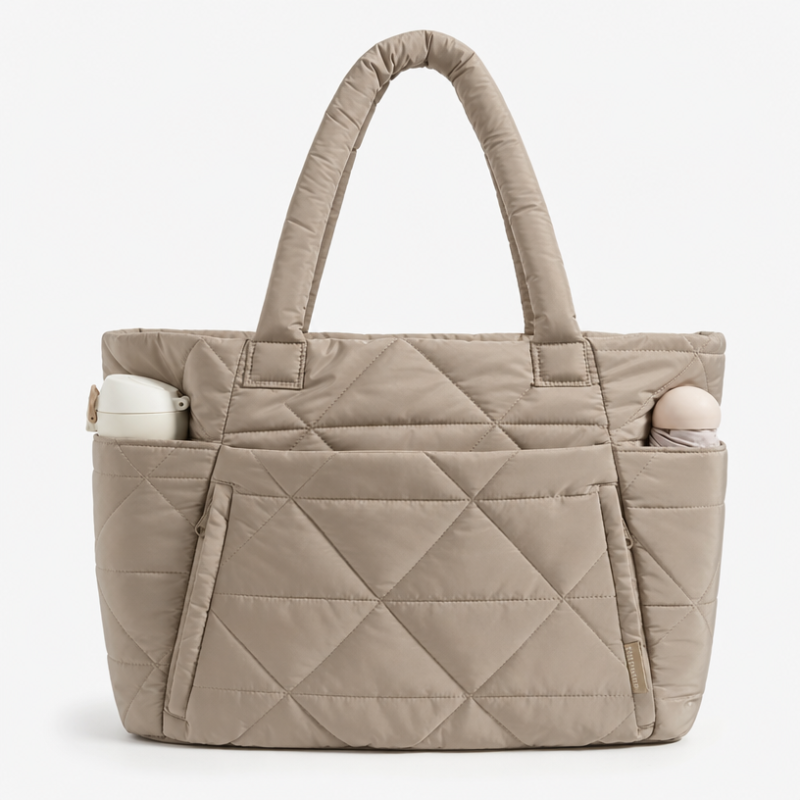 Trendy Puffy Quilted Tote Bag Water Resistant Nylon Polyester Puffer Shoulder Bag Large Travel Diaper Bag Custom Branding