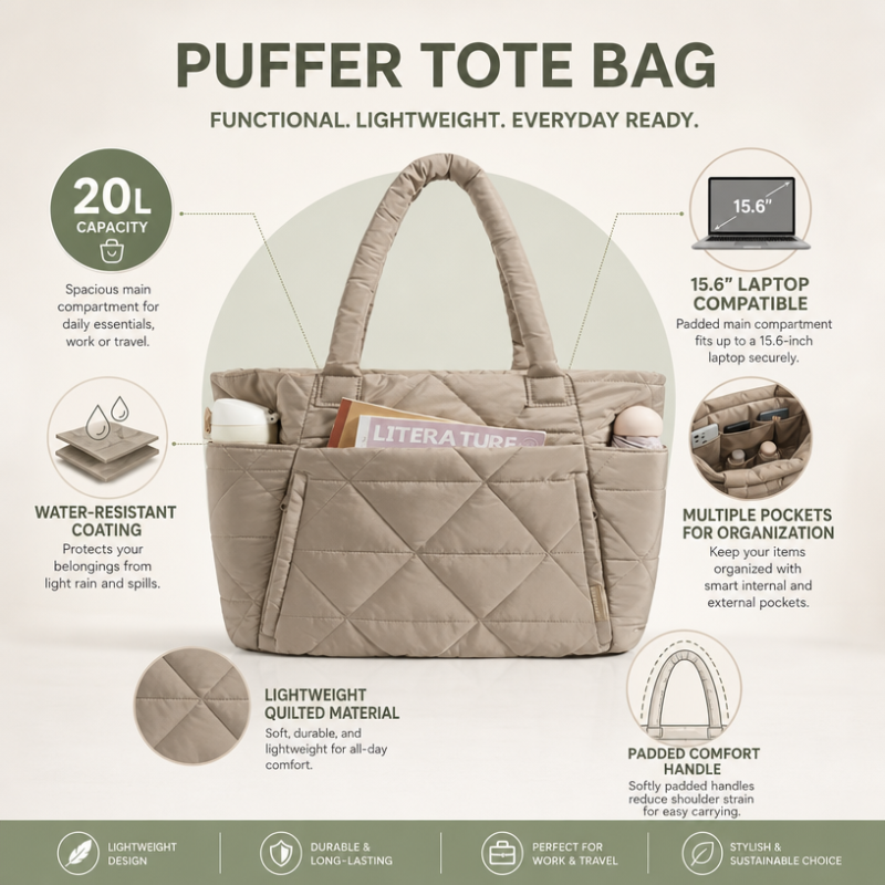 Trendy Puffy Quilted Tote Bag Water Resistant Nylon Polyester Puffer Shoulder Bag Large Travel Diaper Bag Custom Branding