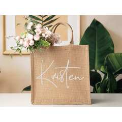 Customized label fashion ladies picnic gusset linen burlap shopper laminated shopping jute tote bags