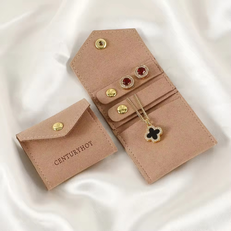 Customize Print Logo Jewelry Package Microfiber Snap Button Pouch Bags Jewelry Earrings Necklace Pouch Gift Bag