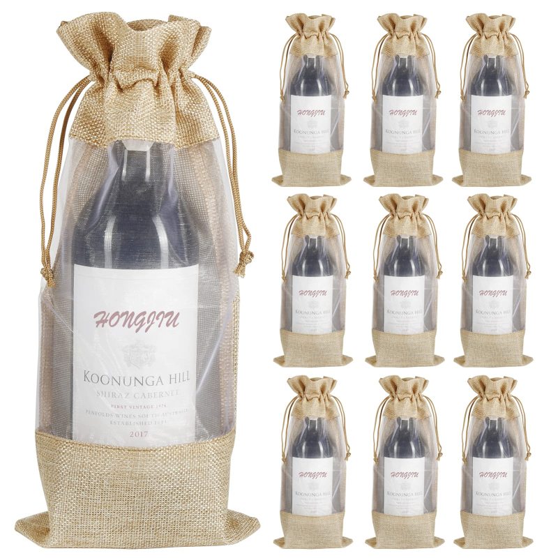 Clear Window Organza Covers Hemp Drawstring Natural Jute Wine Bottle Water Sack Burlap Christmas Party Hessian Bag