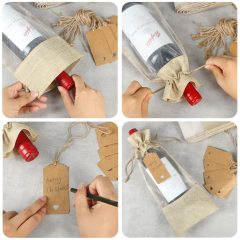 Clear Window Organza Covers Hemp Drawstring Natural Jute Wine Bottle Water Sack Burlap Christmas Party Hessian Bag