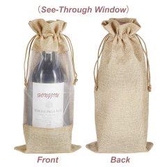 Clear Window Organza Covers Hemp Drawstring Natural Jute Wine Bottle Water Sack Burlap Christmas Party Hessian Bag