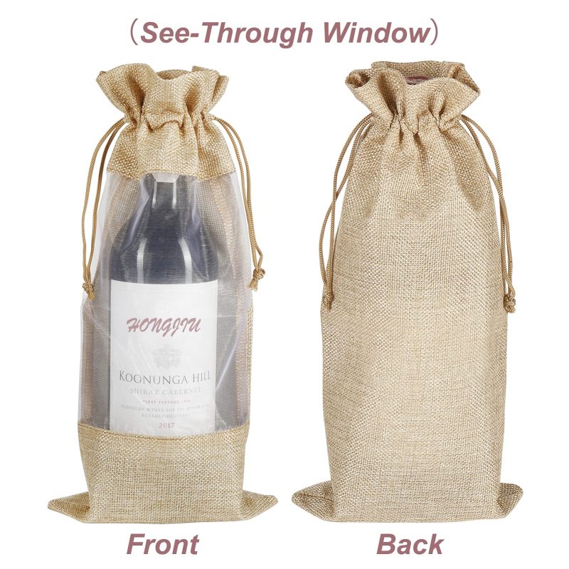 Clear Window Organza Covers Hemp Drawstring Natural Jute Wine Bottle Water Sack Burlap Christmas Party Hessian Bag
