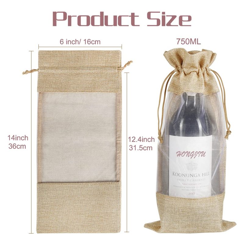 Clear Window Organza Covers Hemp Drawstring Natural Jute Wine Bottle Water Sack Burlap Christmas Party Hessian Bag