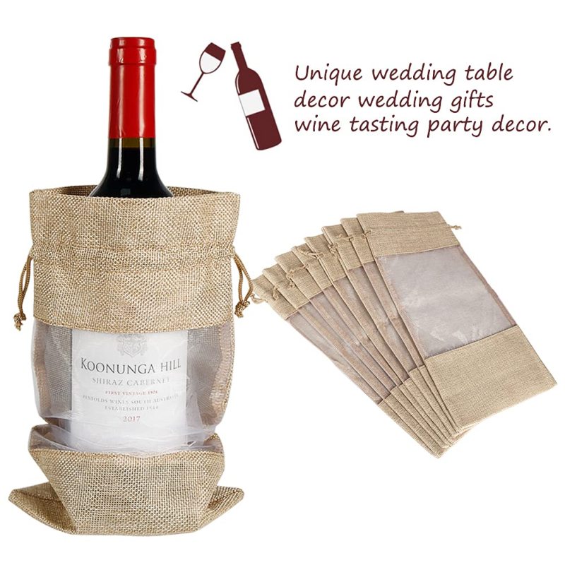 Clear Window Organza Covers Hemp Drawstring Natural Jute Wine Bottle Water Sack Burlap Christmas Party Hessian Bag
