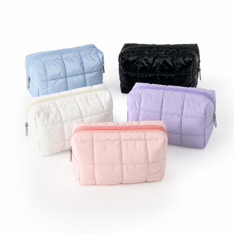 Personalized Quilted Makeup Bag Custom Printed Puffer Cosmetic Bag Macaron Colors Travel Toiletry Organizer with Small MOQ
