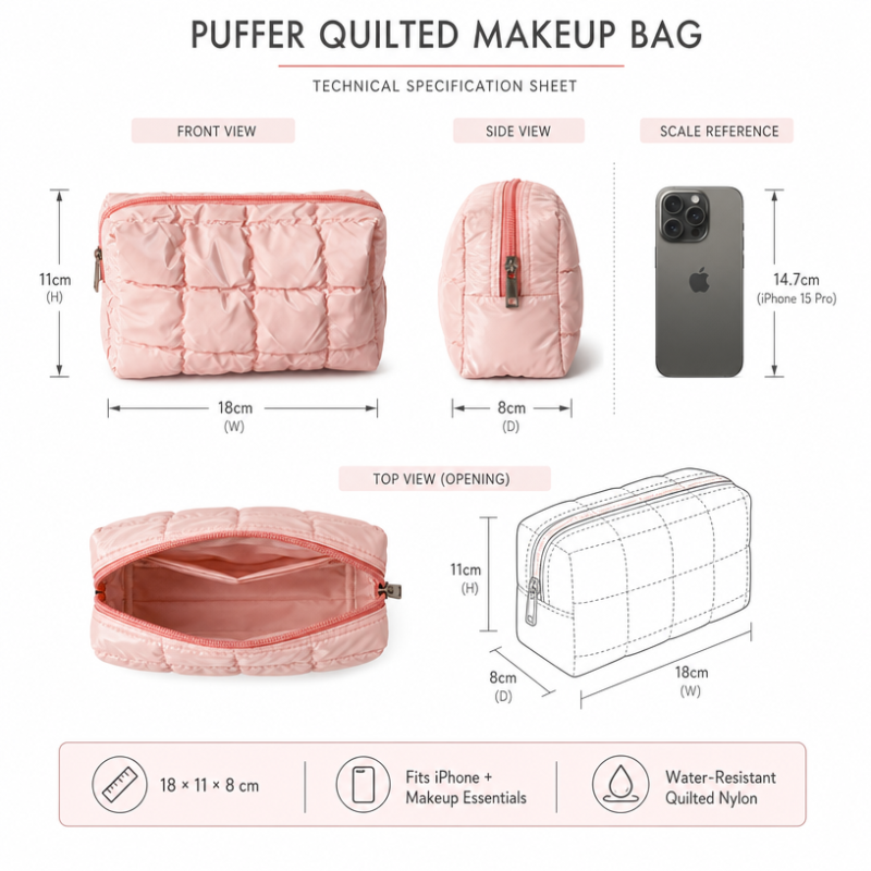 Personalized Quilted Makeup Bag Custom Printed Puffer Cosmetic Bag Macaron Colors Travel Toiletry Organizer with Small MOQ