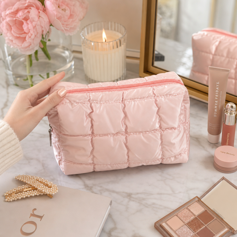 Personalized Quilted Makeup Bag Custom Printed Puffer Cosmetic Bag Macaron Colors Travel Toiletry Organizer with Small MOQ