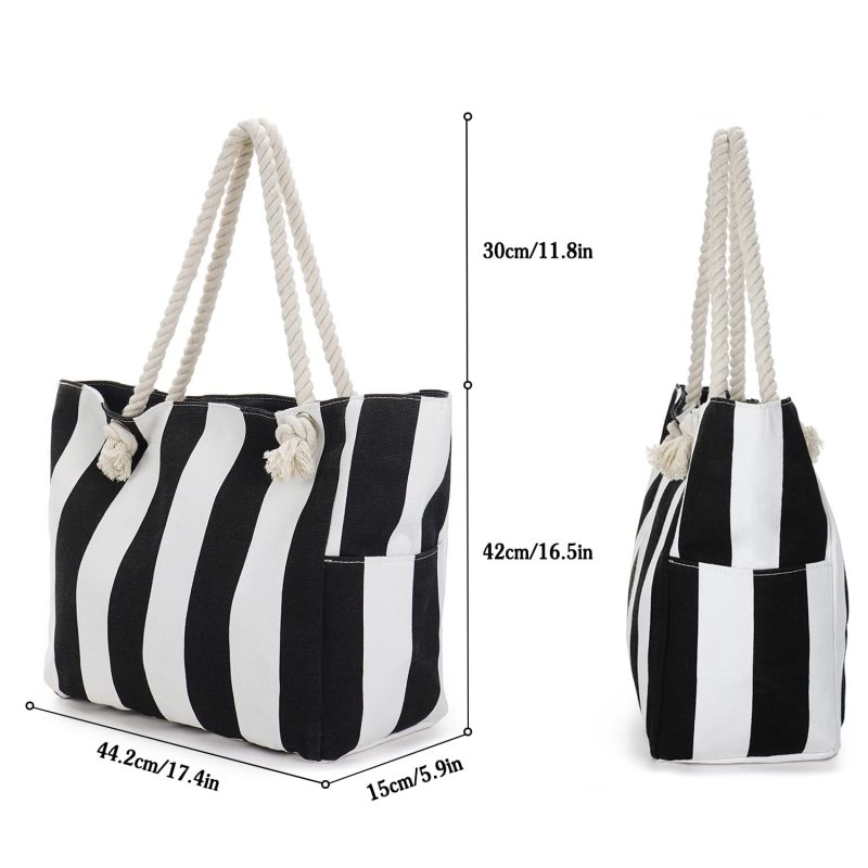 Custom Women Waterproof Beach Tote Bag Portable Shoulder Handbag Striped Canvas Tote Bag for Shopping