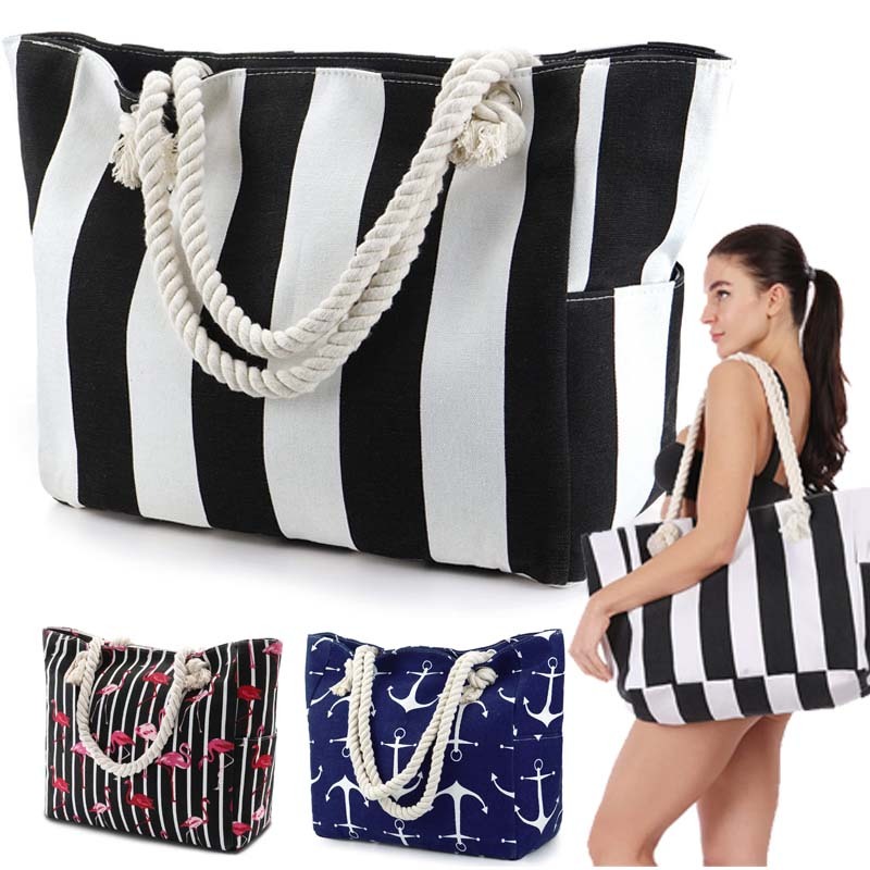 Custom Women Waterproof Beach Tote Bag Portable Shoulder Handbag Striped Canvas Tote Bag for Shopping