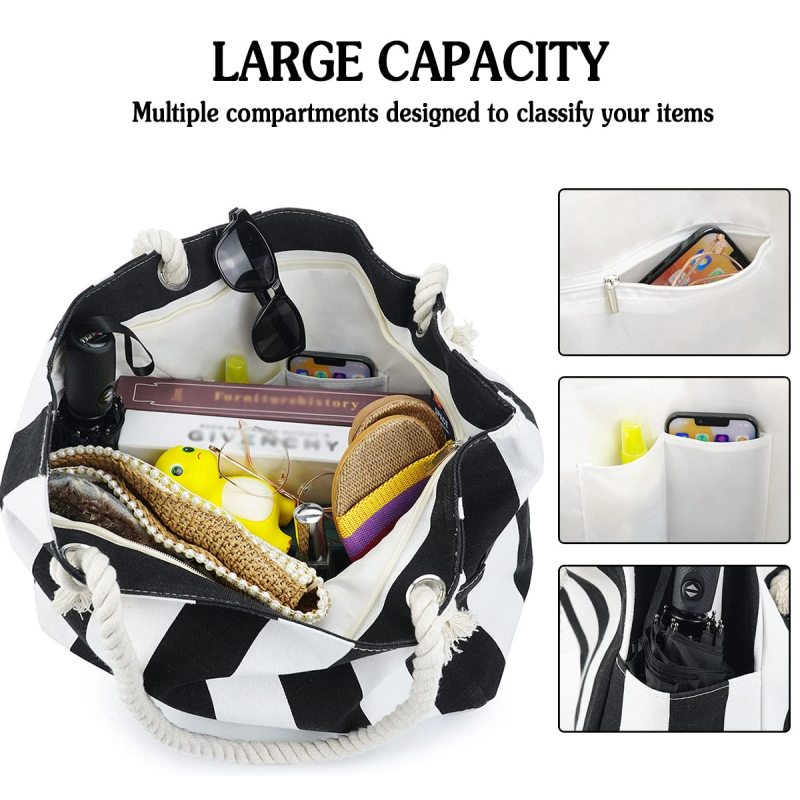 Custom Women Waterproof Beach Tote Bag Portable Shoulder Handbag Striped Canvas Tote Bag for Shopping