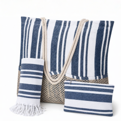 Wholesale Custom Logo Striped Canvas Beach Bag Set 3 Piece with Cotton Rope Handle Nautical Tote Bag and Fringed Towel Set Wholesale Custom Logo Striped Canvas Beach Bag Set 3 Piece with Cotton Rope Handle Nautical Tote Bag and Fringed Towel Set
