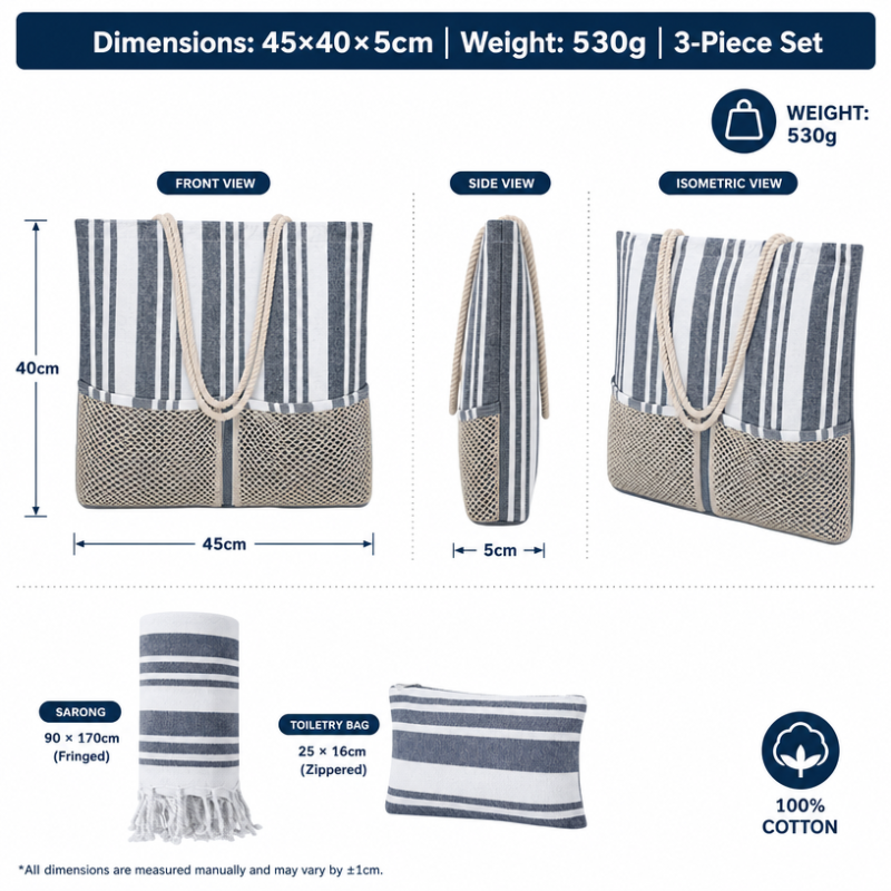 Wholesale Custom Logo Striped Canvas Beach Bag Set 3 Piece with Cotton Rope Handle Nautical Tote Bag and Fringed Towel Set