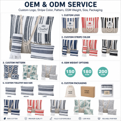 Wholesale Custom Logo Striped Canvas Beach Bag Set 3 Piece with Cotton Rope Handle Nautical Tote Bag and Fringed Towel Set