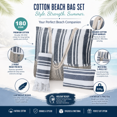 Wholesale Custom Logo Striped Canvas Beach Bag Set 3 Piece with Cotton Rope Handle Nautical Tote Bag and Fringed Towel Set