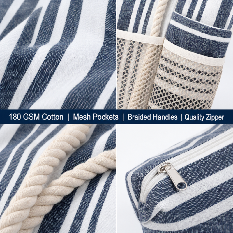 Wholesale Custom Logo Striped Canvas Beach Bag Set 3 Piece with Cotton Rope Handle Nautical Tote Bag and Fringed Towel Set