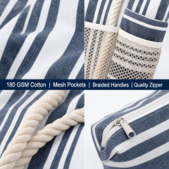 Wholesale Custom Logo Striped Canvas Beach Bag Set 3 Piece with Cotton Rope Handle Nautical Tote Bag and Fringed Towel Set