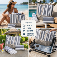 Wholesale Custom Logo Striped Canvas Beach Bag Set 3 Piece with Cotton Rope Handle Nautical Tote Bag and Fringed Towel Set